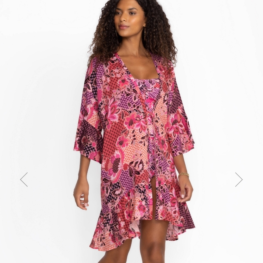 Johnny Was Valennis Ruffle Kimono Pink and Purple Floral Size Large/XL